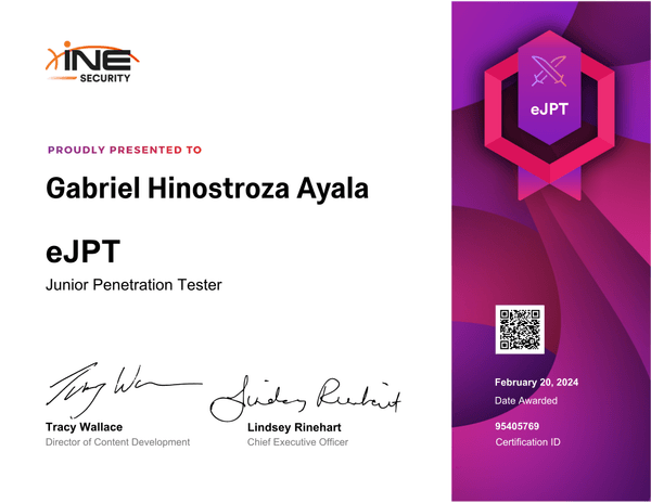 eJPT certificate issued to Gabriel Hinostroza Ayala