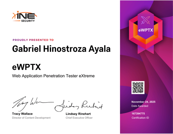 eWPTX certificate issued to Gabriel Hinostroza Ayala